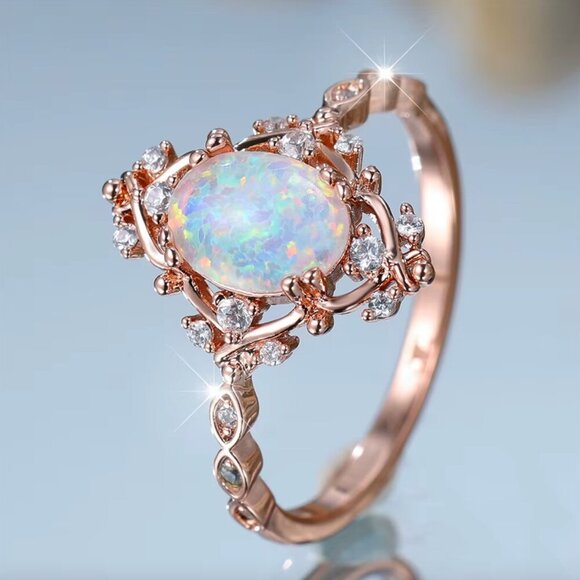 NEW 14k Rose Gold White Opal Ring Dainty Diamond Opal Ring - Picture 7 of 8